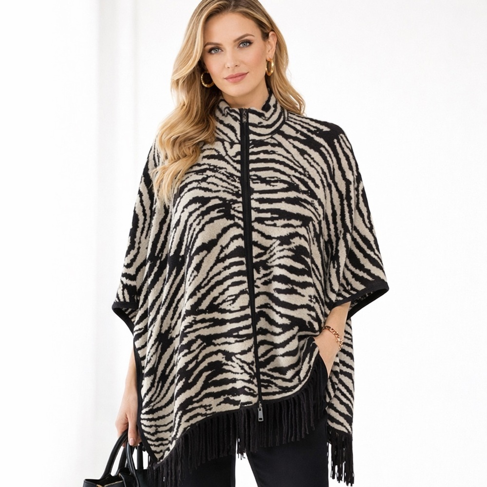 Christian Siriano Zebra Print Zip-Front Poncho Cape – Black Ivory – Size S/M
